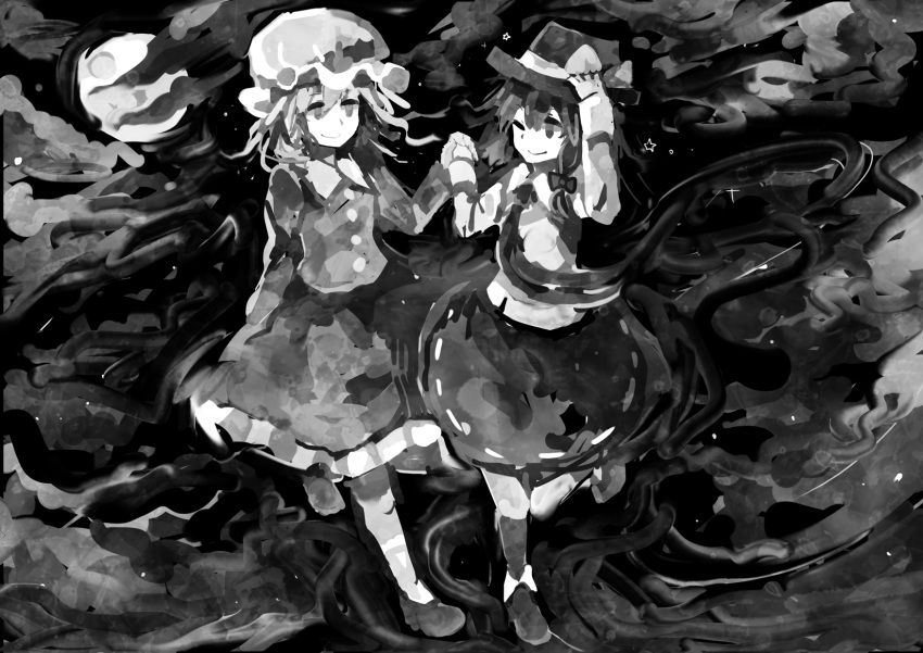 2girls, clouds, full_moon, hat, hazuki_shino, highres, holding_hands, looking_at_another