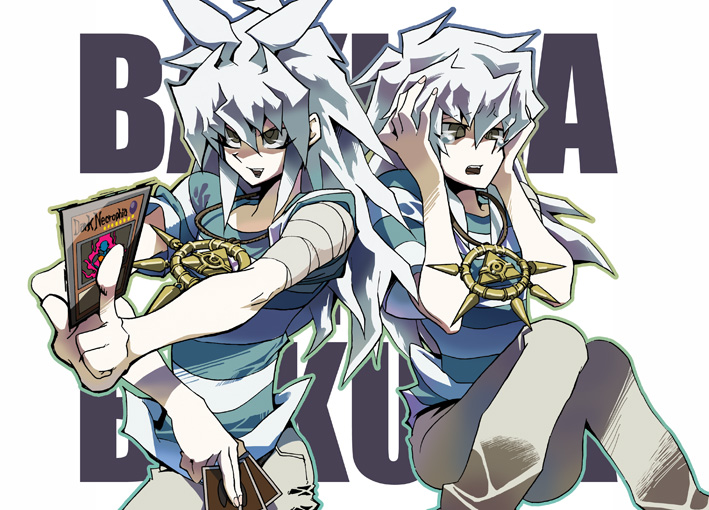 bandage, bandages, card, holding, holding_card, natsuno_(veryroll), ryou_bakura, shirt, striped, striped_shirt, tears, white_hair, yami_bakura, yu-gi-oh!, yuu-gi-ou, yuu-gi-ou_duel_monsters