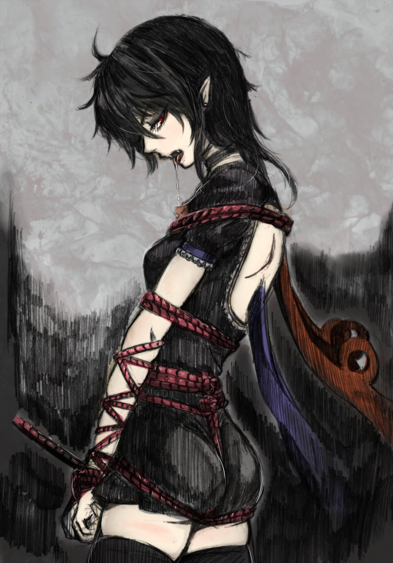 1girl, asymmetrical_wings, bdsm, black_dress, black_hair, black_legwear, bondage, bound_arms