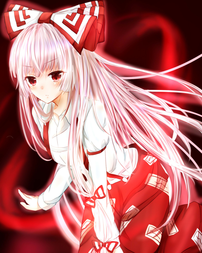 1girl, bow, fujiwara_no_mokou, hair_bow, hair_ornament, highres, long_hair, ohitashi