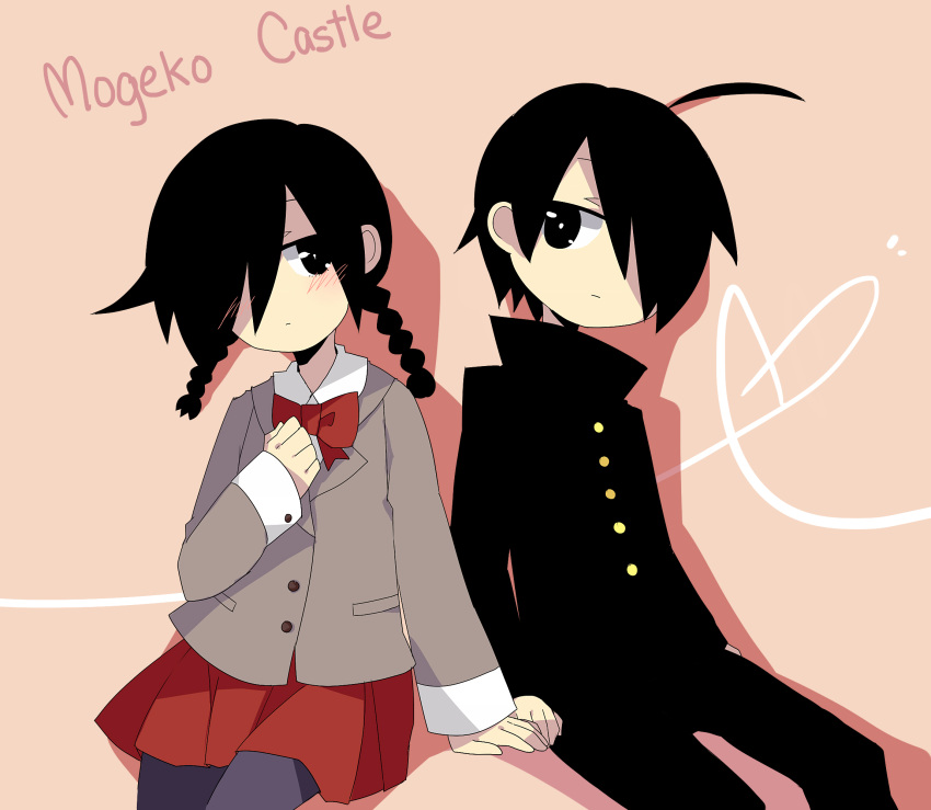 1boy, 1girl, ahoge, bangs, black_eyes, black_hair, blush, bowtie, brother_and_sister, buttons, copyright_name, highres, kurai_shinya, kurai_yonaka, looking_at_another, mary_(14476764), mogeko_castle, pantyhose, pink_background, red_skirt, school_uniform, shadow, siblings, simple_background, skirt
