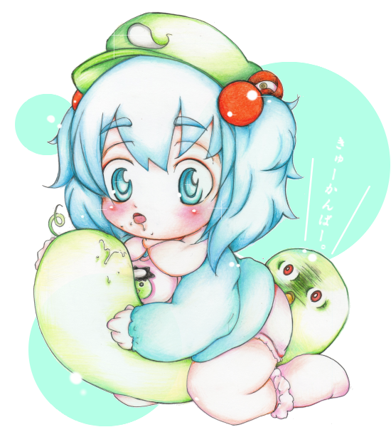 baby, bib, blue_eyes, blue_hair, cuddle_toy, diaper, drooling, hair_bobbles