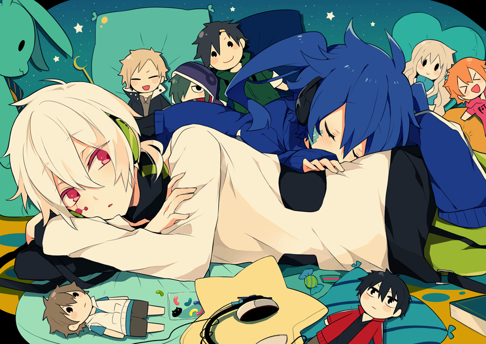 1boy, 1girl, amamiya_hibiya, blue_hair, character_doll, closed_eyes, ene_(kagerou_project), headphones