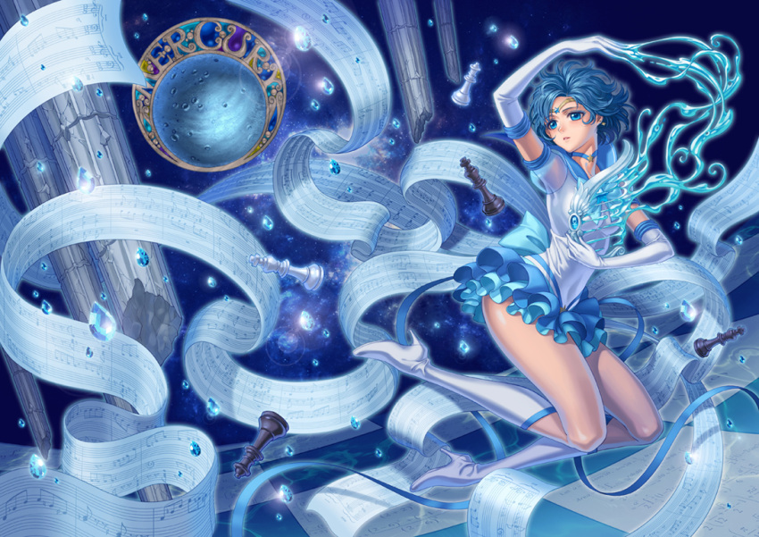 1girl, bishoujo_senshi_sailor_moon, blue_eyes, blue_hair, boots, chess_piece, choker, circlet