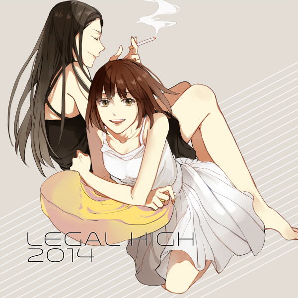 2girls, barefoot, black_hair, brown_eyes, brown_hair, cigarette, closed_eyes, copyright_name