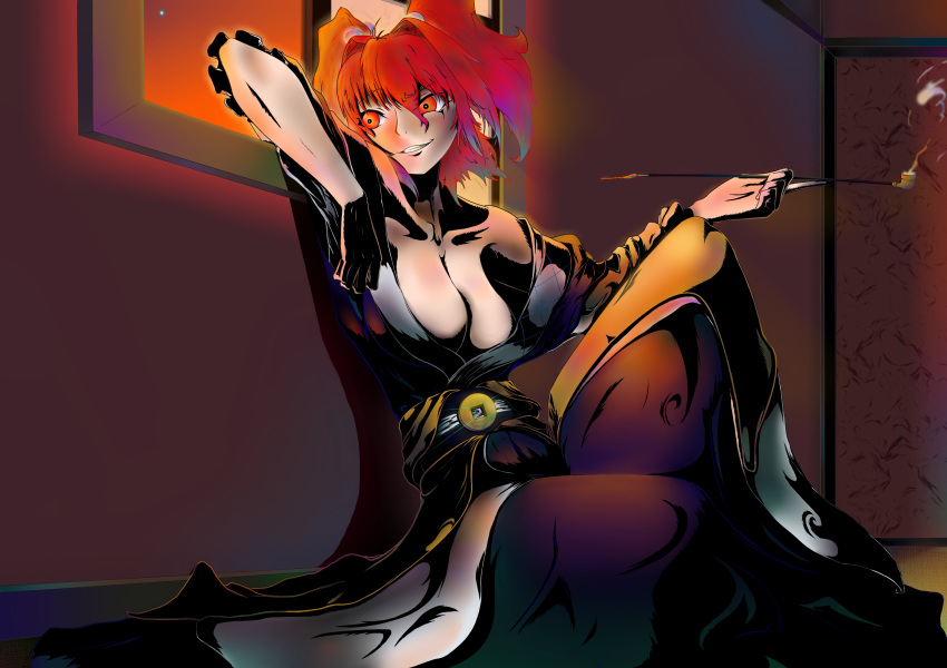 1girl, against_wall, against_window, arm_up, breasts, cleavage, coin, collarbone, dark, facing_viewer, flat_color, glowing, grin, hair_bobbles, hair_ornament, highres, holding, indoors, kon'iro_(godzilla0725), large_breasts, leaning_back, leg_up, looking_to_the_side, no_bra, obi, off_shoulder, onozuka_komachi, orange_sky, pipe, red_eyes, redhead, sash, sitting, smile, smoke, solo, touhou, twintails, window