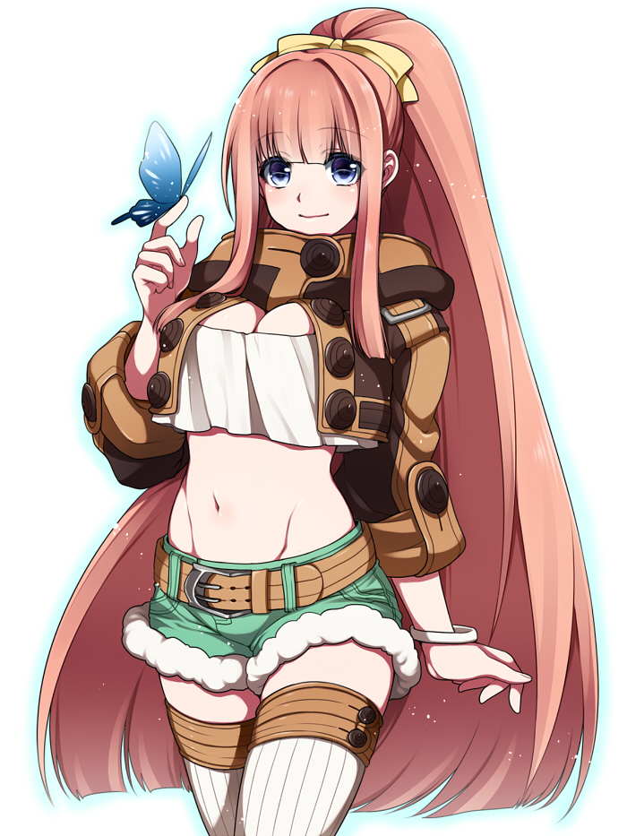 1girl, belt, blue_eyes, breasts, butterfly, cleavage, crop_top, dramatical_murder, jacket, long_hair, midriff, navel, pink_hair, ponytail, seragaki_haruka, short_shorts, shorts, smile, solo, takatsuki_ichi, thigh-highs, very_long_hair