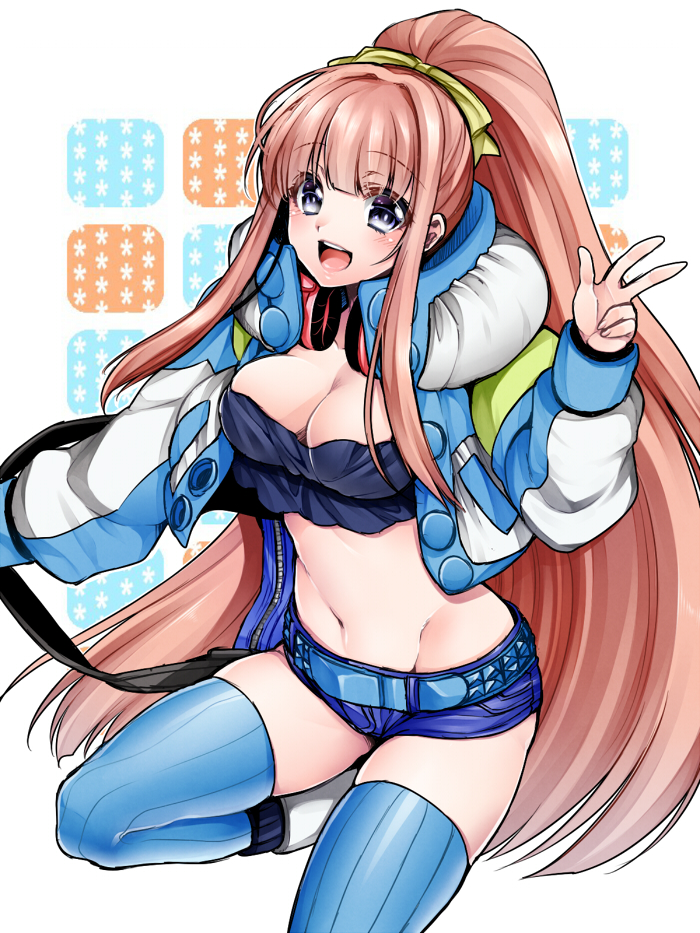 1girl, belt, breasts, cleavage, crop_top, dramatical_murder, headphones, headphones_around_neck, jacket, long_hair, midriff, navel, pink_hair, ponytail, seragaki_aoba, seragaki_aoba_(cosplay), seragaki_haruka, short_shorts, shorts, smile, solo, takatsuki_ichi, thigh-highs, very_long_hair, w