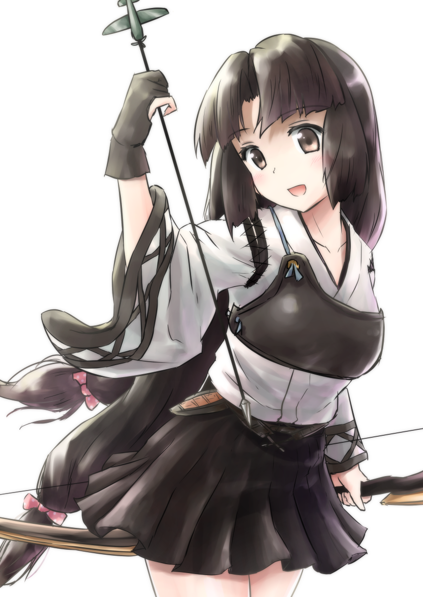 1girl, :d, arrow, bow_(weapon), brown_eyes, brown_hair, brown_skirt, hair_ribbon