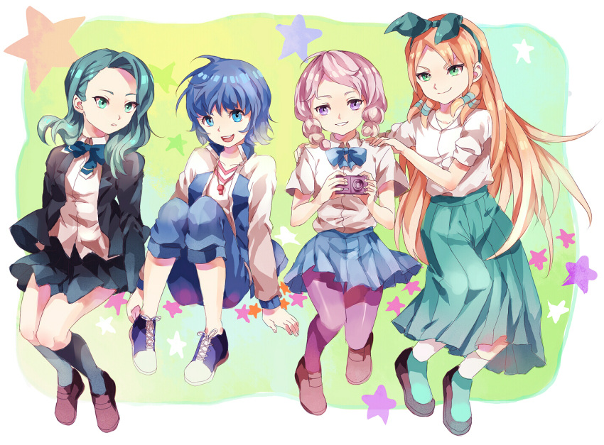 4girls, aqua_eyes, aqua_hair, black_legwear, blue_eyes, blue_hair, braid, brown_hair