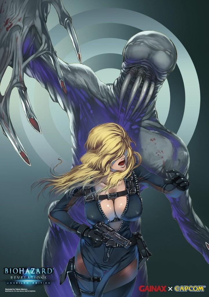 1girl, blonde_hair, bodysuit, breasts, capcom, claws, cleavage, fangs