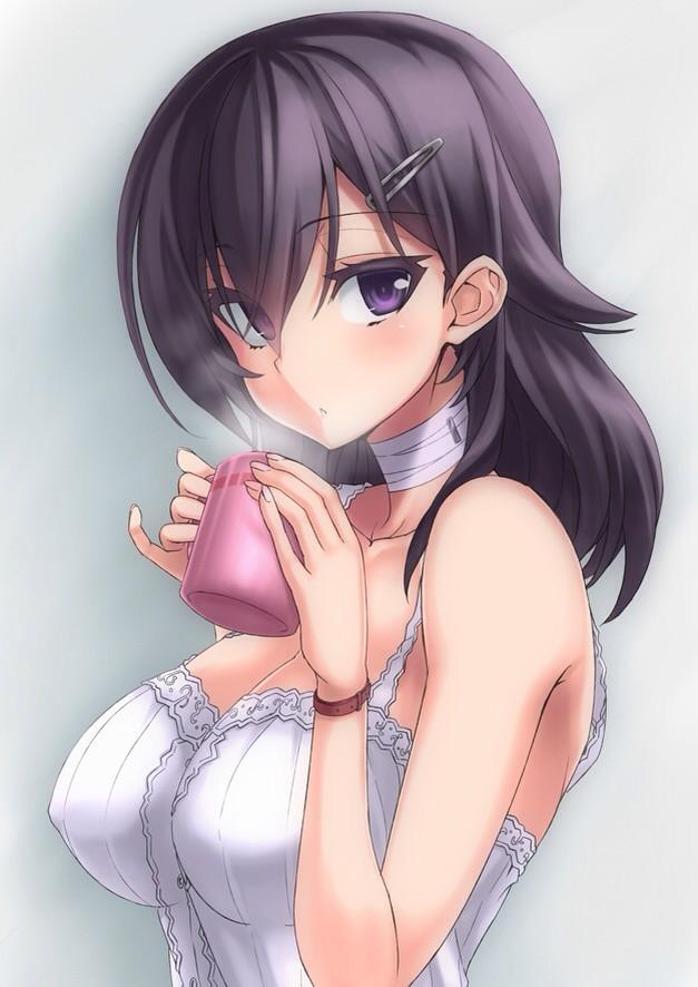 1girl, bandages, bare_shoulders, breasts, bust, cleavage, cup, hair_ornament