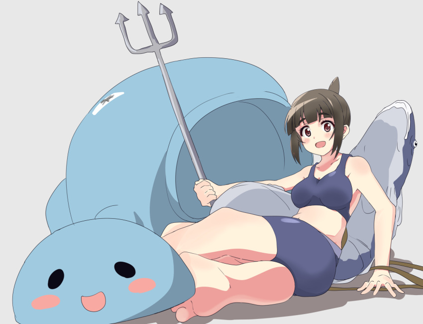 1girl, :d, barefoot, breasts, brown_hair, costume, futsuu_no_joshikousei_ga_locodol_yattemita, highres