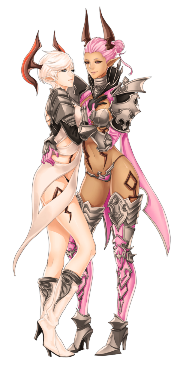 2girls, arm_around_waist, blonde_hair, blue_eyes, boots, castanic_(tera), couple, dark_skin, eyeliner, gauntlets, hair_bun, hand_on_another's_chest, high_collar, highres, holding_hand, knee_boots, long_sleeves, makeup, midriff, multiple_girls, nipuni, pink_eyes, pink_hair, pointy_ears, revealing_clothes, short_hair, tattoo, tera_online, thigh-highs, thigh_boots, updo