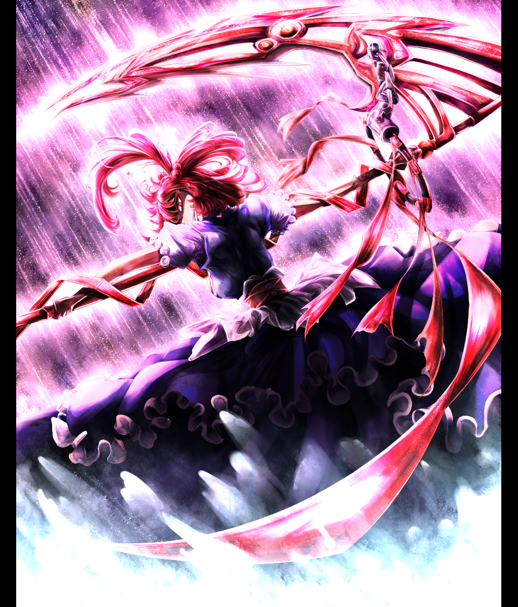 1girl, dress, evil_smile, frilled_dress, frills, highres, kg_cliff_edge, onozuka_komachi