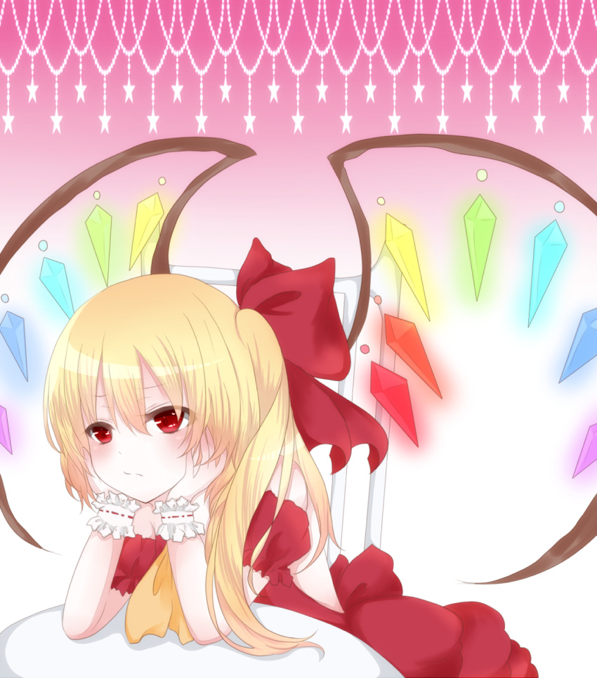 1girl, alternate_costume, arm_support, bare_shoulders, blonde_hair, bored, dress, flandre_scarlet