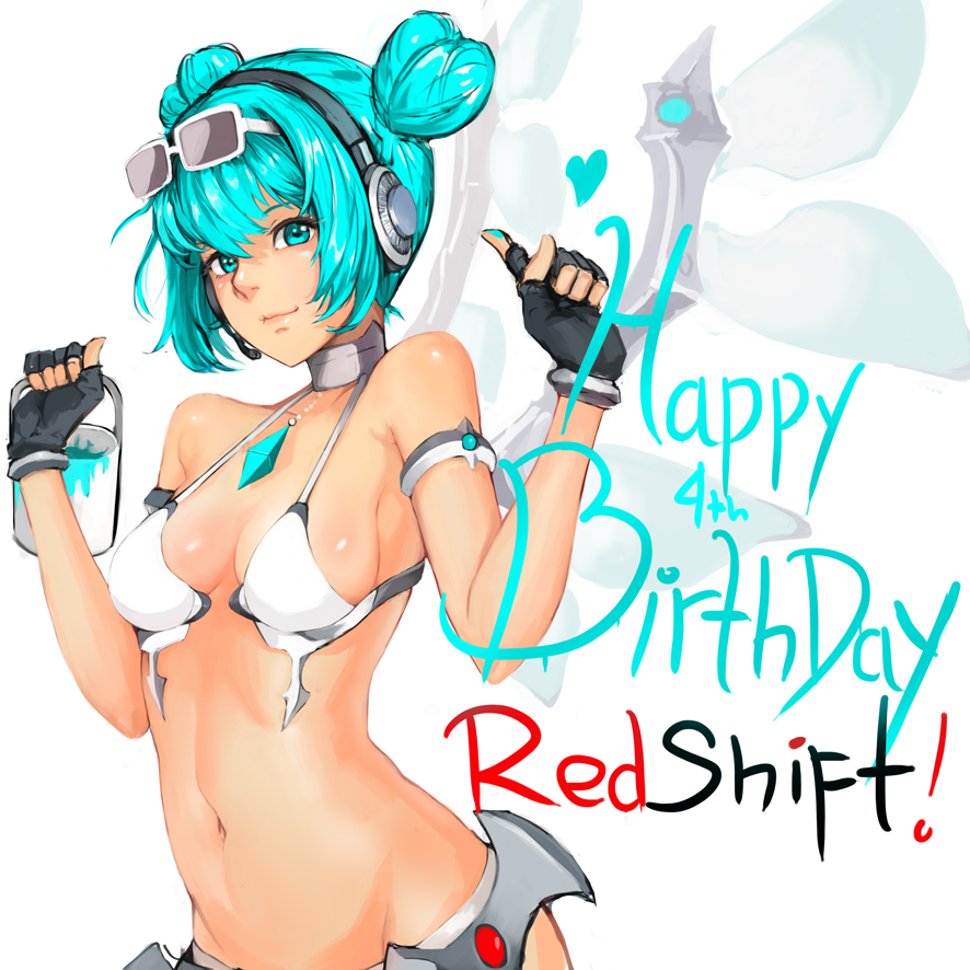 1girl, aqua_hair, bikini_top, double_bun, fingerless_gloves, gloves, goodsmile_company, goodsmile_racing