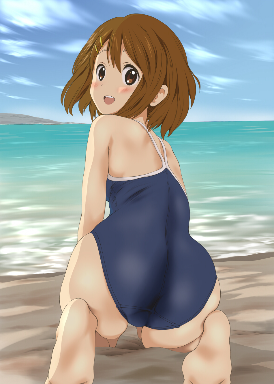 1girl, ass, barefoot, brown_eyes, brown_hair, competition_school_swimsuit, feet, from_behind