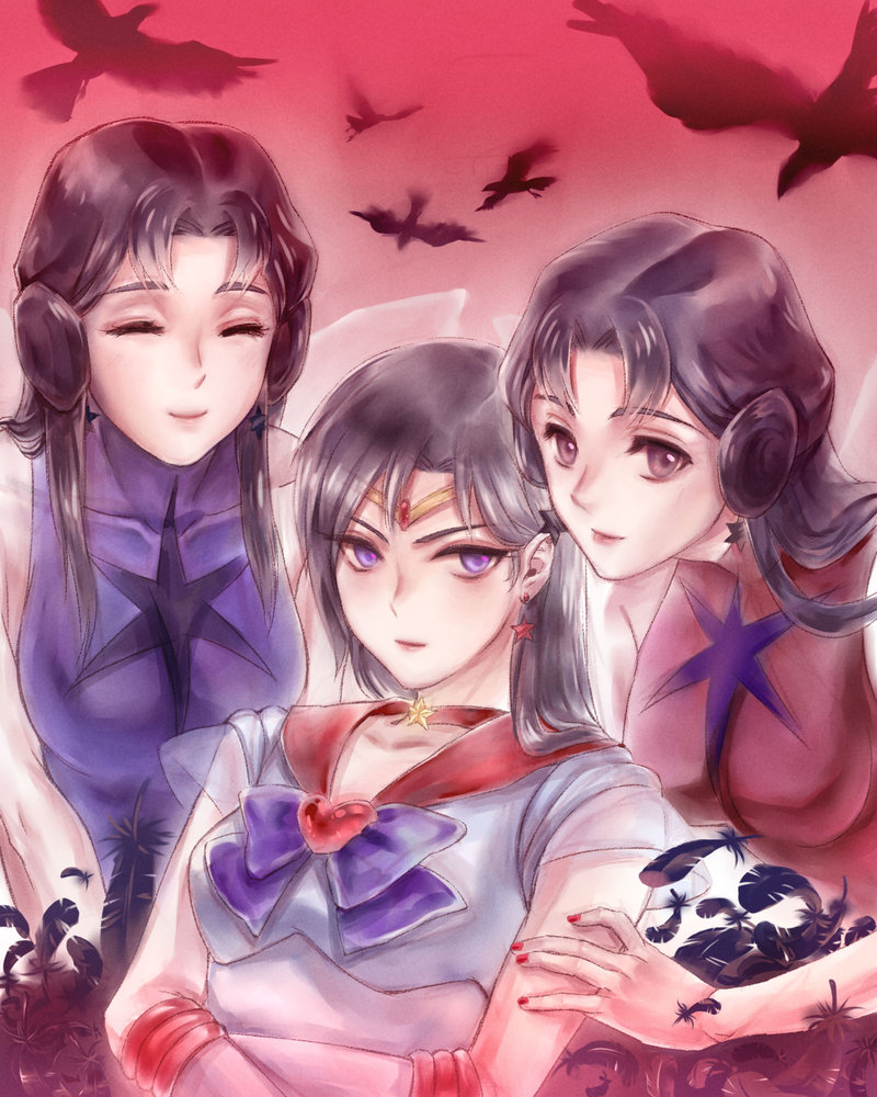 3girls, bare_shoulders, bird, bishoujo_senshi_sailor_moon, black_hair, choker, circlet, closed_eyes