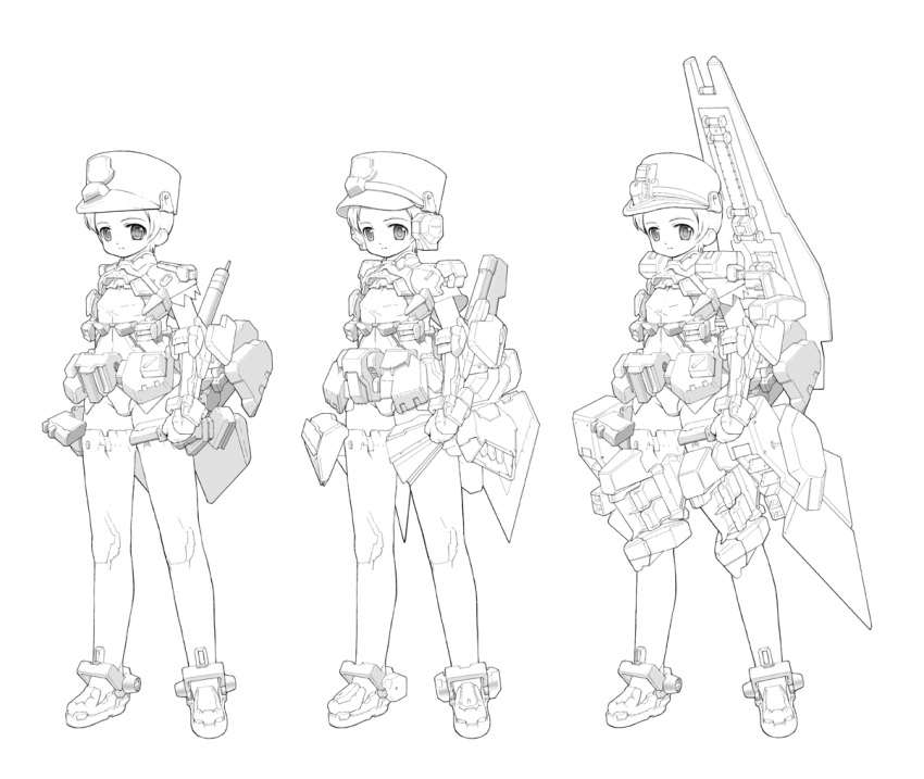 1girl, advance_of_zeta, greyscale, gundam, gundam_mk_ii, hat, hazel_gundam, mecha_musume