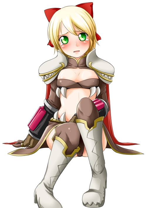 bikini_armor, blonde_hair, blush, genetic, kanzuki_yuu, ragnarok_online, ribbon, sad