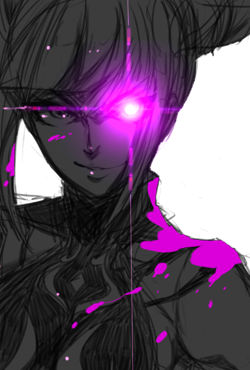 1girl, glowing, glowing_eye, grin, han_juri, highres, kumo_ni_notte, monochrome