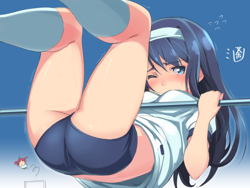 2girls, ass, blue_eyes, blue_hair, blush, buruma, chibi, flying_sweatdrops