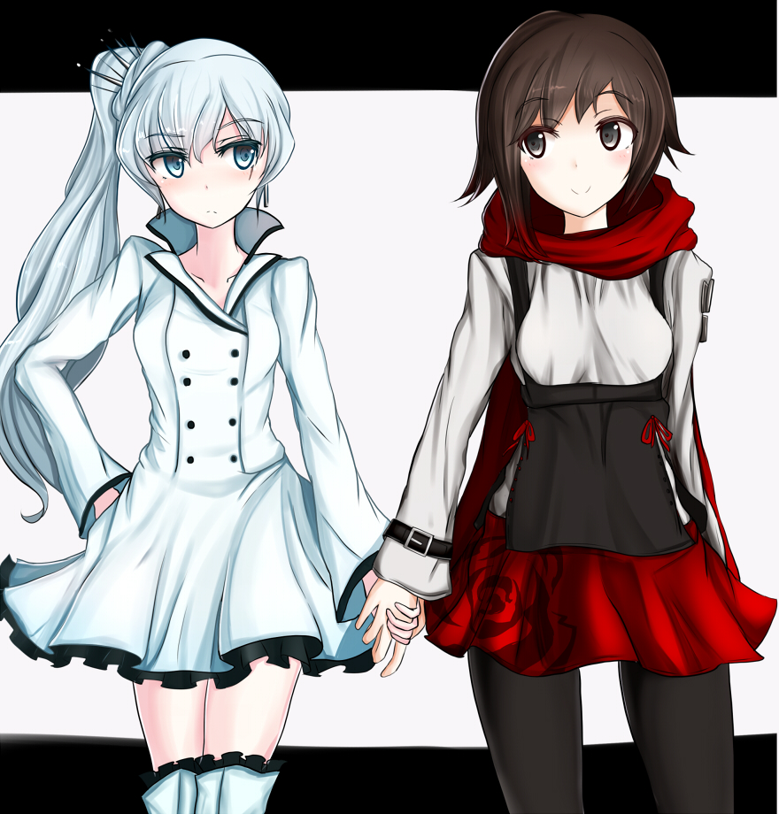 2girls, black_hair, blue_eyes, cape, holding_hands, long_hair, multiple_girls, pantyhose, ponytail, ruby_rose, rwby, short_hair, smile, weiss_schnee, white_hair, zibun_owl