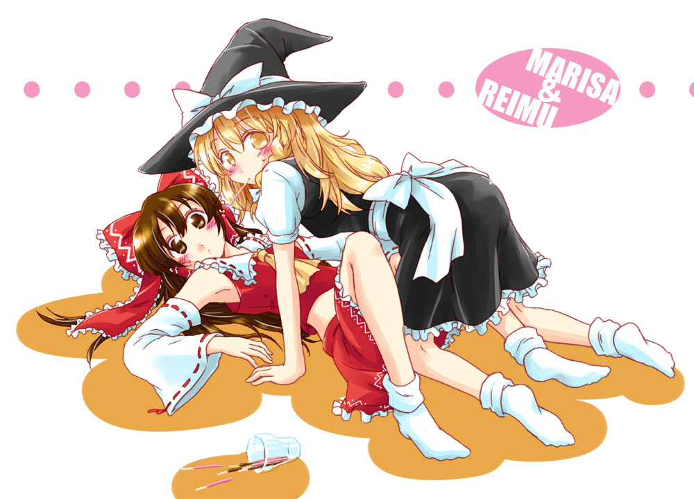 bad_id, blonde_hair, bow, braid, brown_hair, detached_sleeves, hakurei_reimu, hat