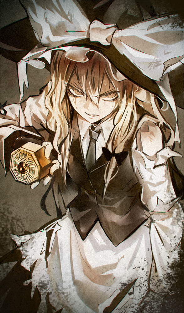 1girl, adapted_costume, alternate_costume, angry, apron, blonde_hair, bow, hair_bow