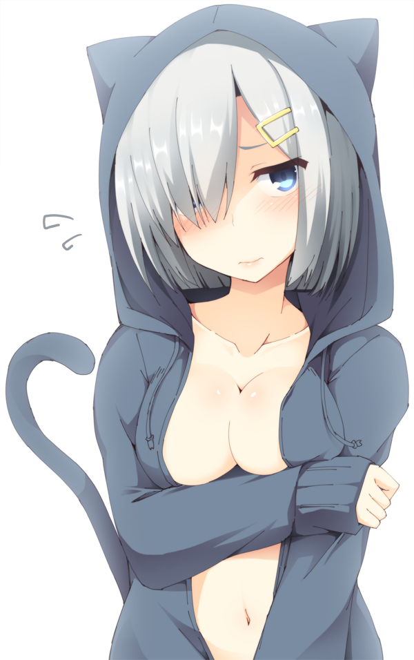 1girl, animal_hood, blue_eyes, blush, breasts, cat_hood, cat_tail, cleavage