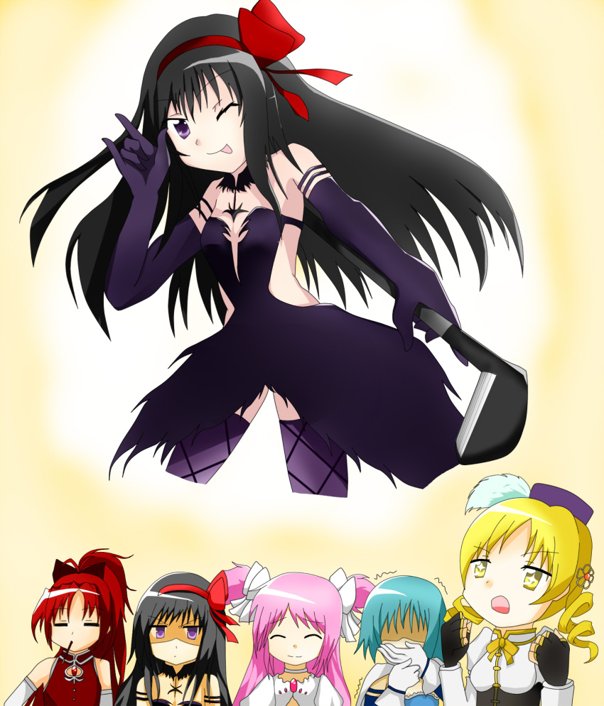 5girls, ;p, akemi_homura, akuma_homura, annoyed, argyle, argyle_legwear, bare_shoulders