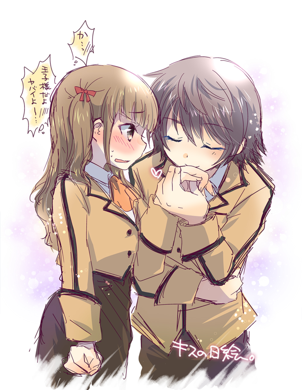 1boy, 1girl, brown_eyes, brown_hair, closed_eyes, couple, gonta_kahoru, hand_kiss, highres, hisanuma_sayu, isaki_kaname, kiss, long_hair, nagi_no_asukara, school_uniform, short_hair, side, two_side_up