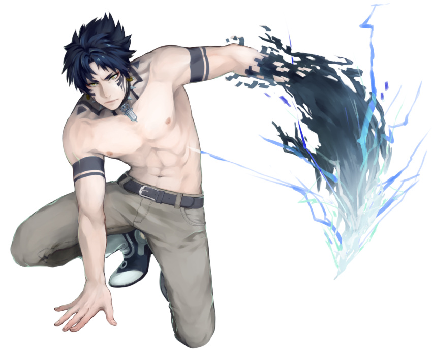 1boy, abs, arm_support, belt, blue_hair, collar, dramatical_murder, earrings