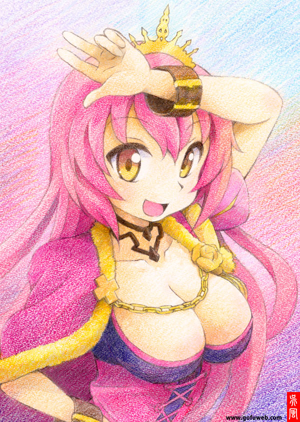 1girl, :d, arm_up, breasts, chain, cleavage, coupy_pencil_(medium), crown