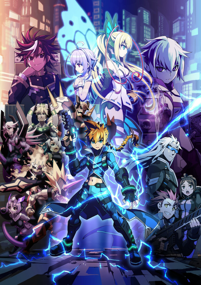 artist_request, asimov_(gunvolt), azure_striker_gunvolt, blonde_hair, blue_eyes, carrera_(gunvolt), copen_(gunvolt), elise_(gunvolt)