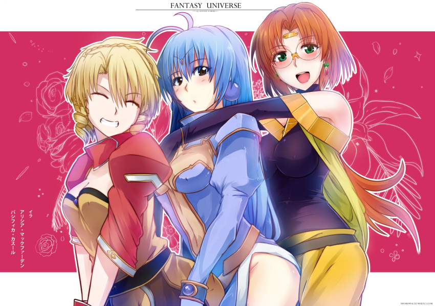 3girls, alicia_mcfadden, antenna_hair, black_gloves, blonde_hair, blue_hair, blush, brave_soul, breasts, brown_eyes, brown_hair, crossover, drill_hair, earrings, elbow_gloves, glasses, gloves, green_eyes, grin, ila, jewelry, long_hair, looking_at_viewer, mahou_senshi_louie, multiple_girls, pacifica_casull, pince-nez, scrapped_princess, short_hair, smile, swordwaltz, watermark, web_address