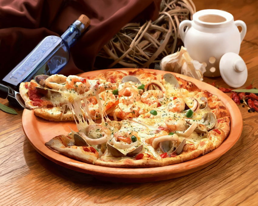 clam, food, garlic, highres, jiji_(kbj0225), no_humans, original, photorealistic, pizza, shrimp