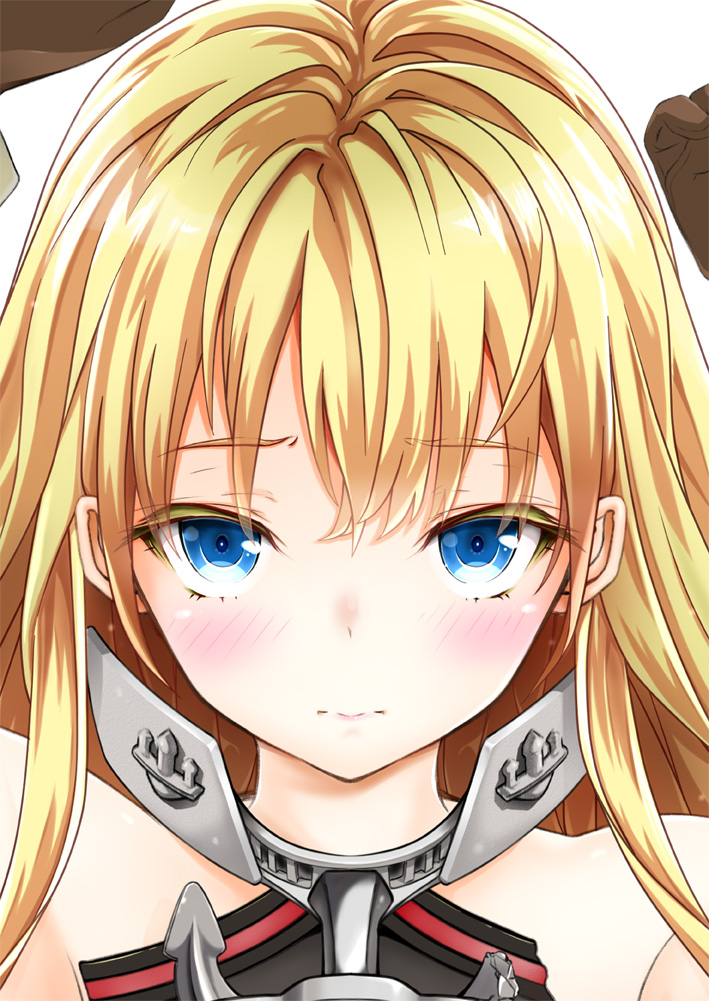 1girl, ayu-minaduki, bare_shoulders, bismarck_(kantai_collection), blonde_hair, blue_eyes, blush, bust