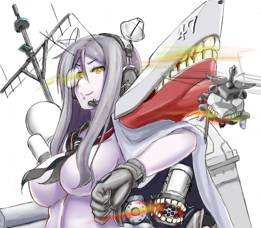 1girl, amber_eyes, breasts, headset, kantai_collection, lavender_skin, long_hair, mecha_musume