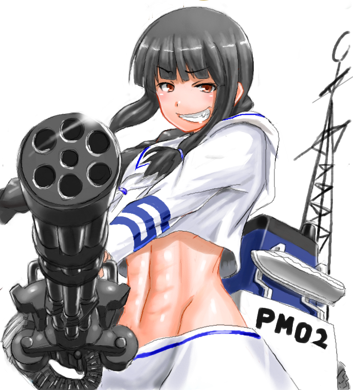 1girl, abs, alternate_costume, bangs, black_hair, blunt_bangs, braid, crop_top, crop_top_overhang, gatling_gun, grin, gun, japan_coast_guard, kantai_collection, kitakami_(kantai_collection), long_hair, midriff, minigun, school_uniform, serafuku, sgt.size, smile, solo, weapon, white_background