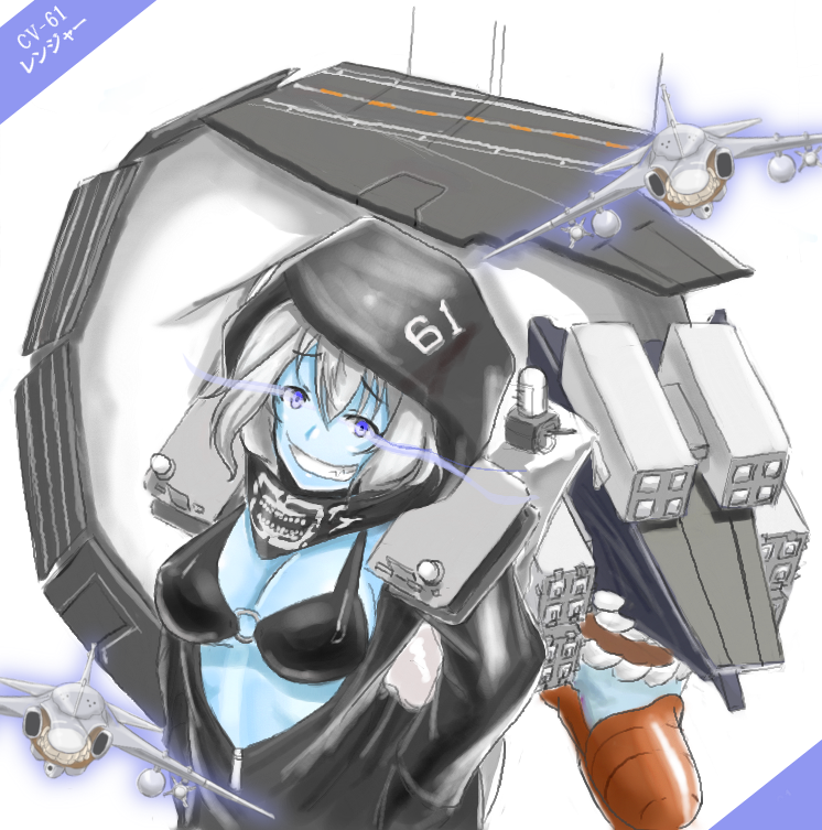 1girl, bikini_top, blue_eyes, blue_skin, flight_deck, grumman_a-6_intruder, hoodie, kantai_collection, midriff, o-ring_top, original, phalanx_ciws, pun, re-class_battleship, sgt.size, shinkaisei-kan, silver_hair, uss_ranger_(cv-61)