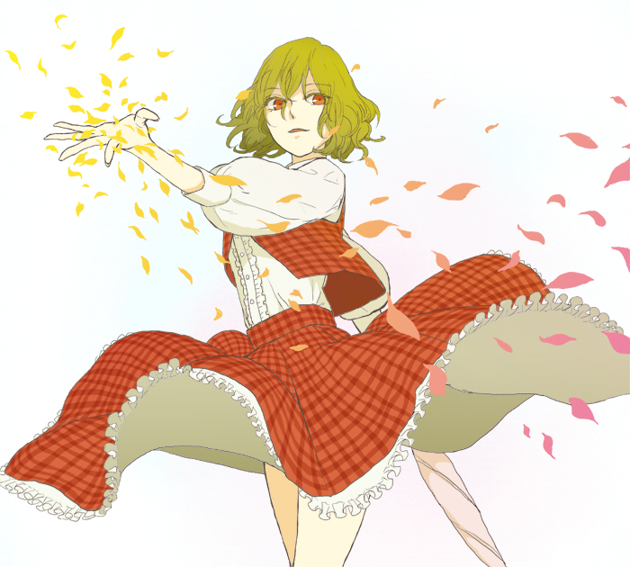 dress_shirt, green_hair, hiramoto_(yamadaiwa), kazami_yuuka, parasol, petals, plaid, plaid_skirt