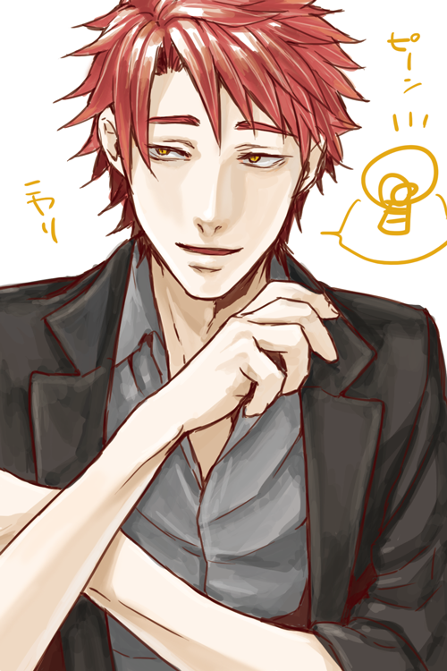 1boy, crossed_arms, formal, grubitsch_grady, necktie, open_mouth, redhead, short_hair