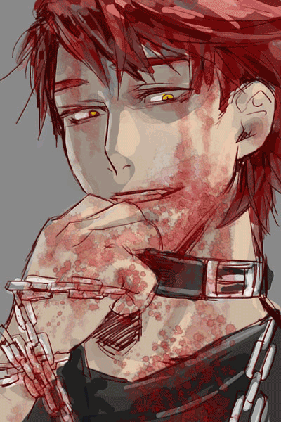 1boy, blood, chain, collar, evil_smile, fangs, grubitsch_grady, open_mouth
