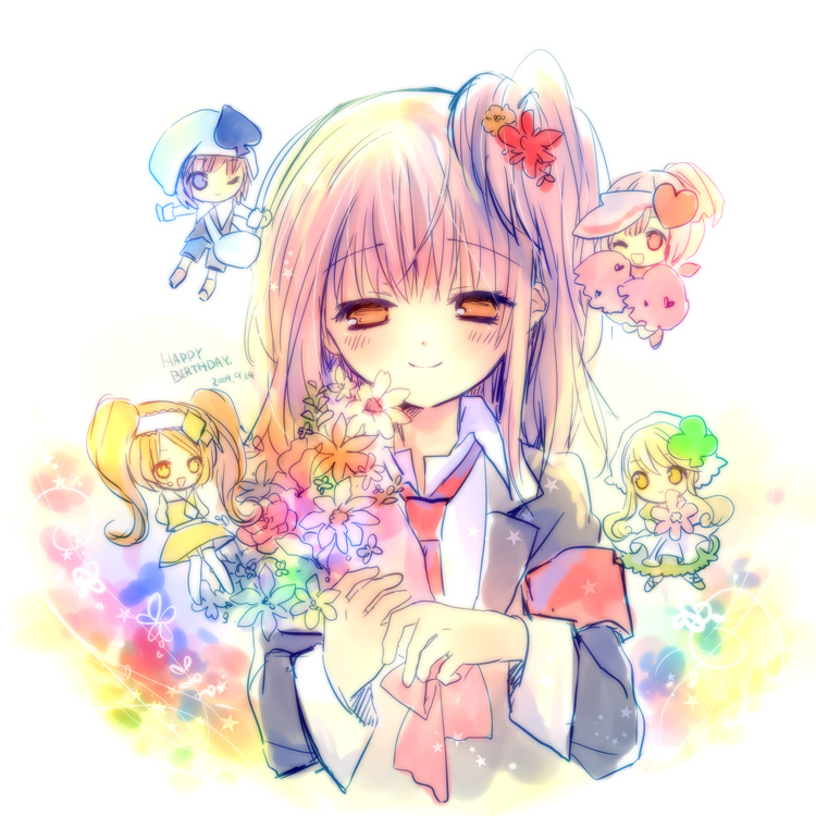 armband, blazer, blonde_hair, blue_eyes, blush, bouquet, brown_hair, colorful