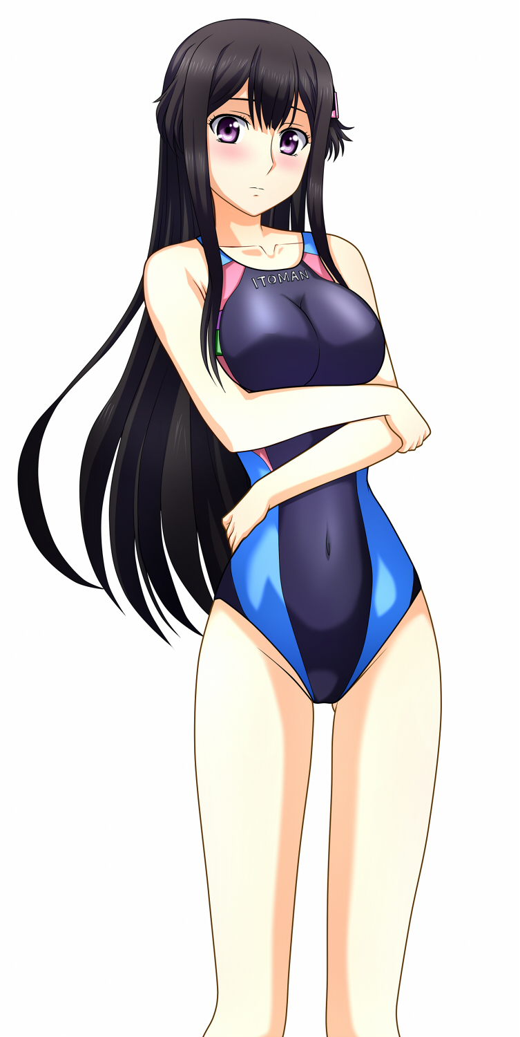 1girl, black_hair, breasts, buddy_complex, highres, kenken, long_hair, swimsuit, violet_eyes, yumihara_hina