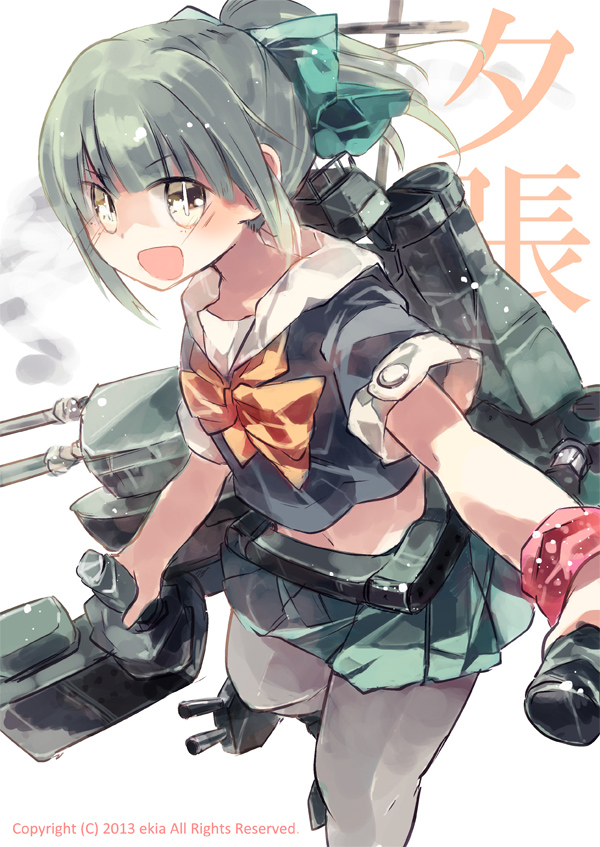 >:d, 1girl, :d, brown_eyes, green_hair, kantai_collection, looking_at_viewer, machinery