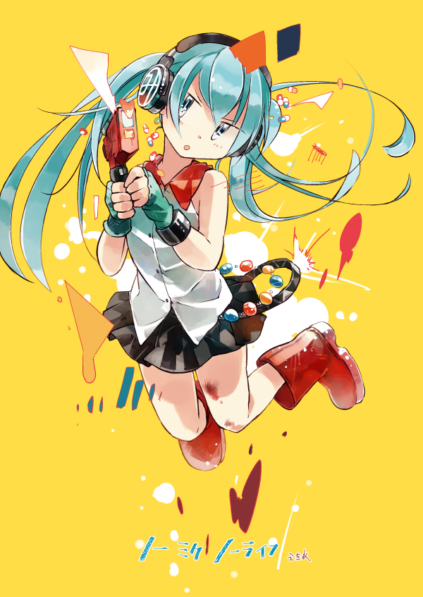 1girl, boots, fingerless_gloves, gloves, green_eyes, green_hair, hatsune_miku, headphones