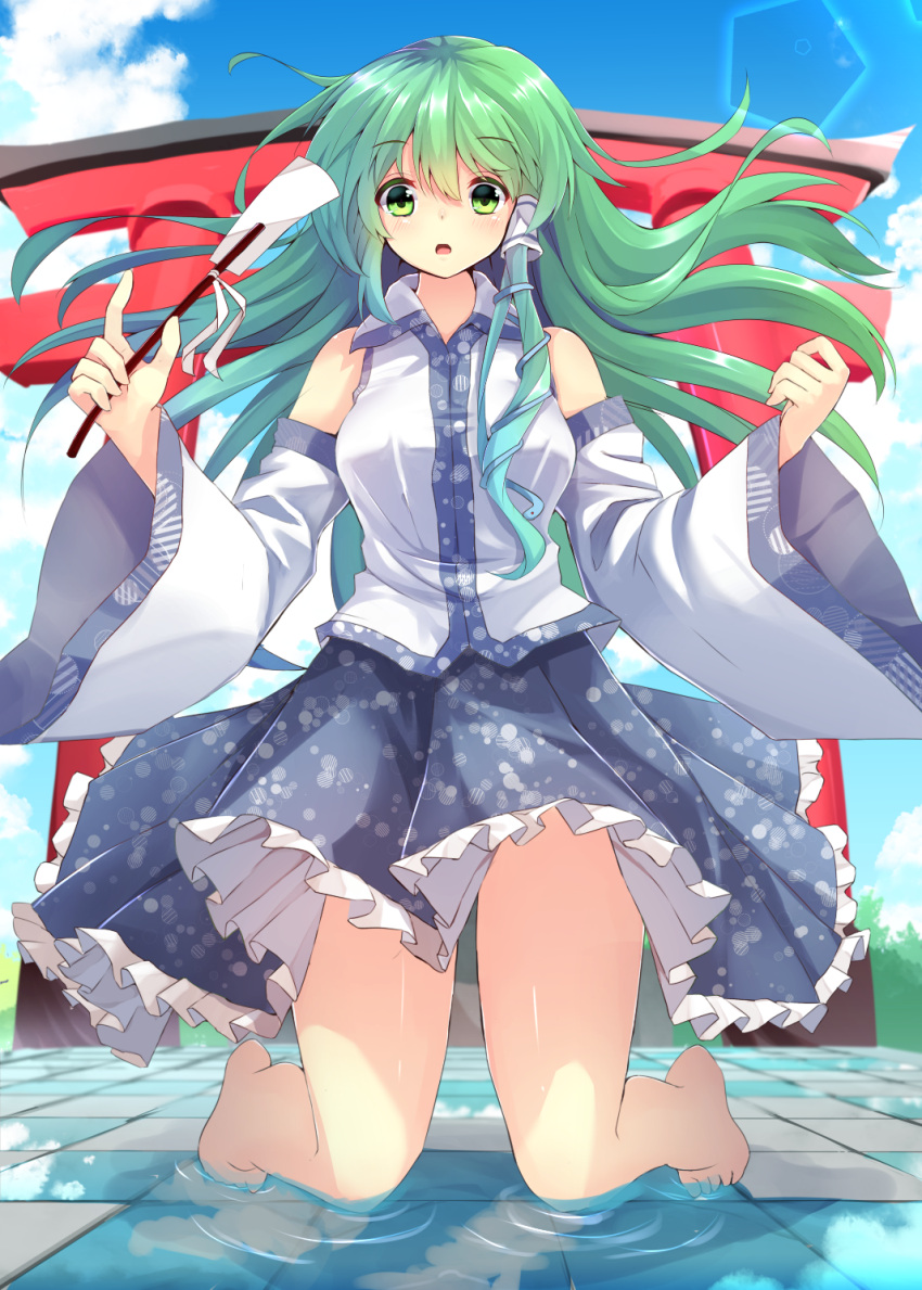 1girl, barefoot, blue_sky, clouds, detached_sleeves, frilled_skirt, frills, gohei